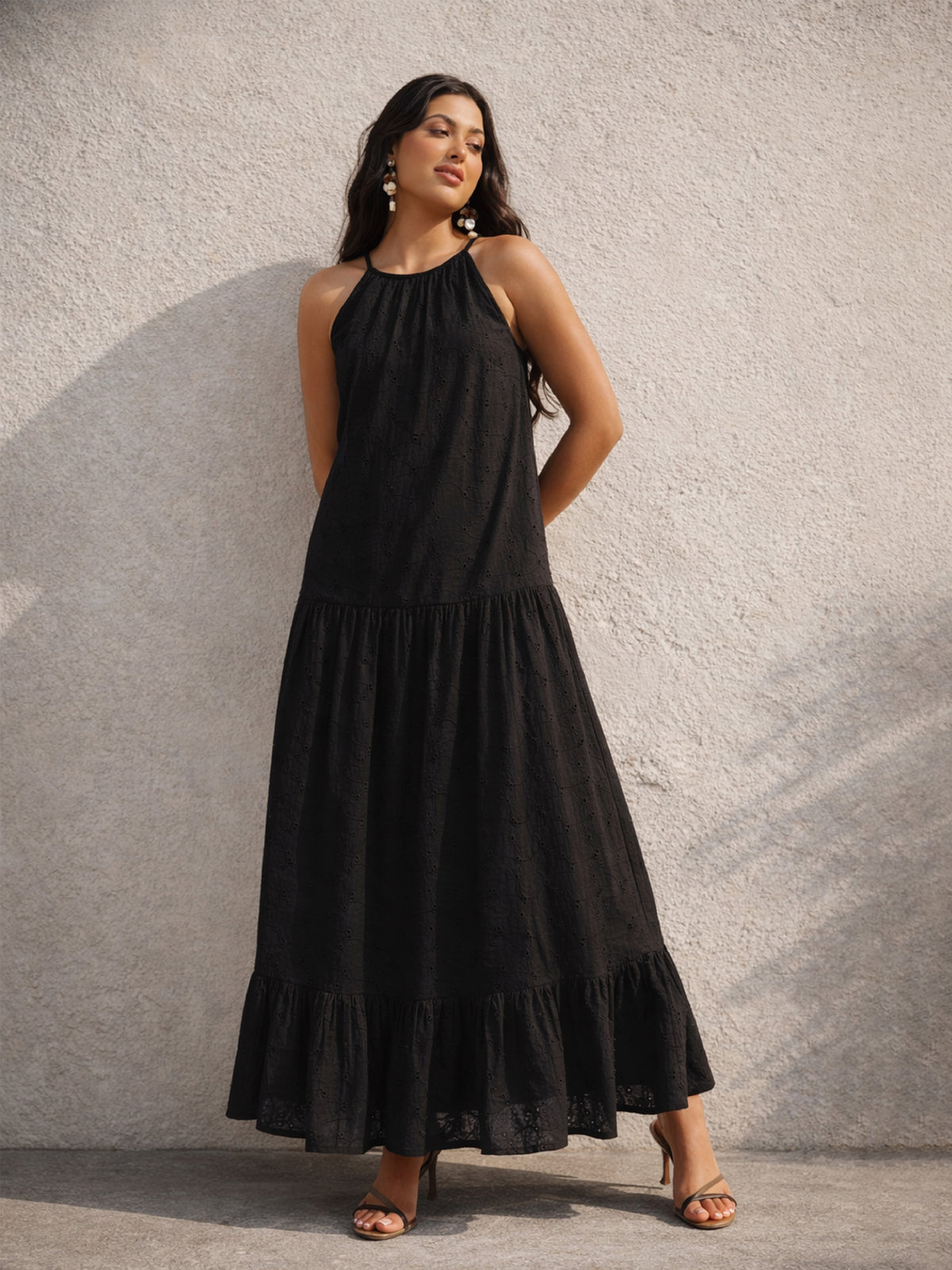 Black Schiffli Halter Neck Frill Hem Maxi Dress -SASSAFRAS