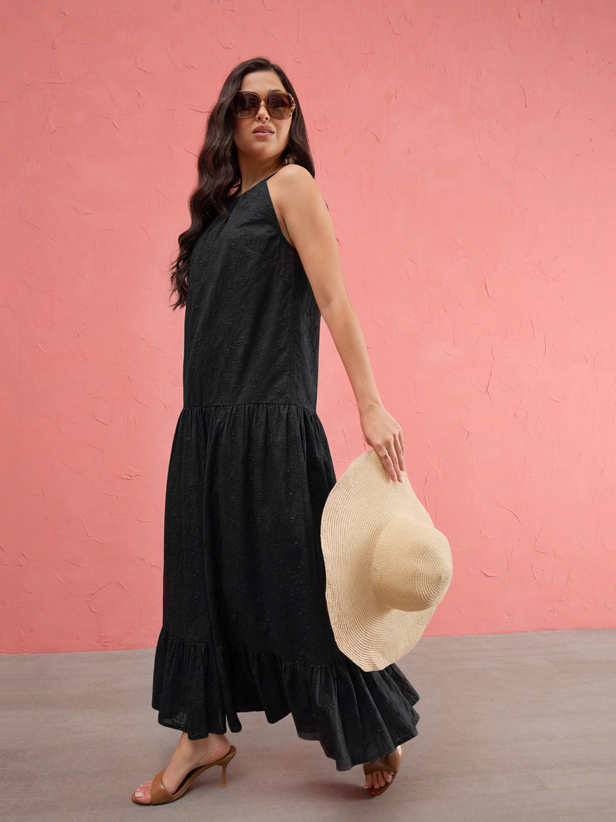 Black Schiffli Halter Neck Frill Hem Maxi Dress -SASSAFRAS