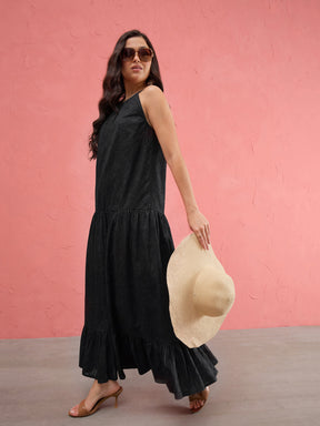 Black Schiffli Halter Neck Frill Hem Maxi Dress -SASSAFRAS