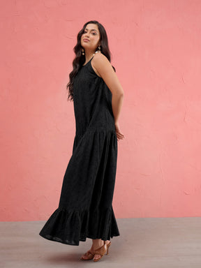 Black Schiffli Halter Neck Frill Hem Maxi Dress -SASSAFRAS