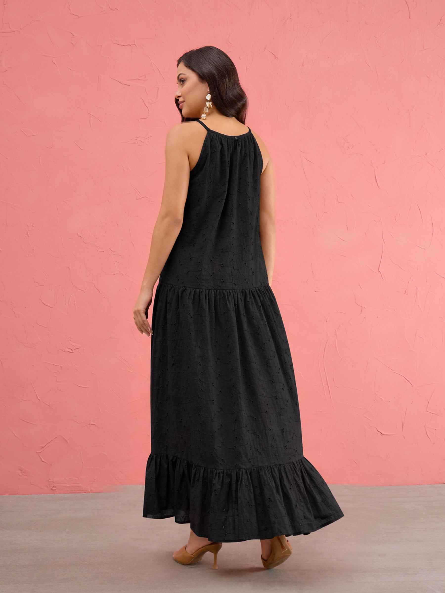Women Black Schiffli Halter Neck Frill Hem Maxi Dress