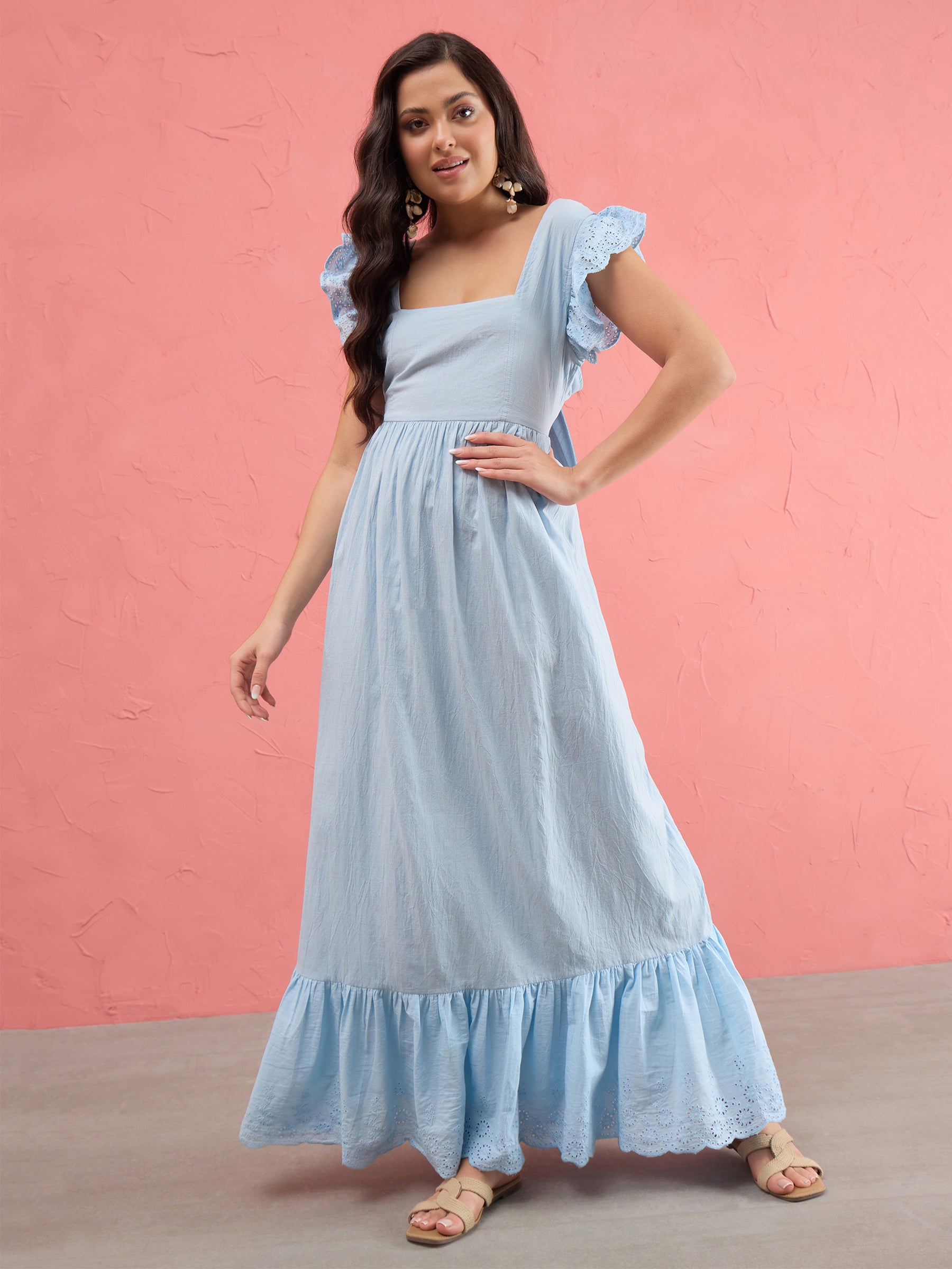 Blue Schiffli Square Neck Frill Hem Maxi Dress-SASSAFRAS