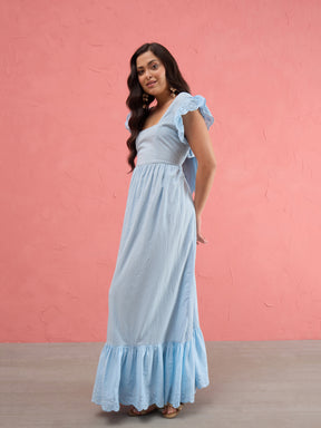 Blue Schiffli Square Neck Frill Hem Maxi Dress-SASSAFRAS