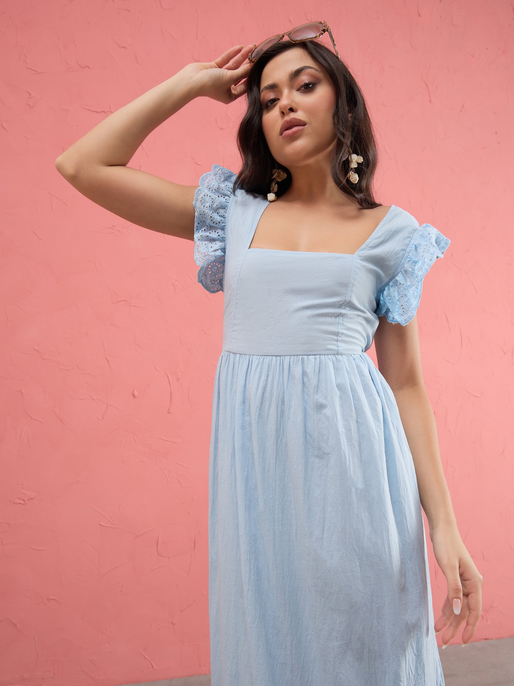 Blue Schiffli Square Neck Frill Hem Maxi Dress-SASSAFRAS
