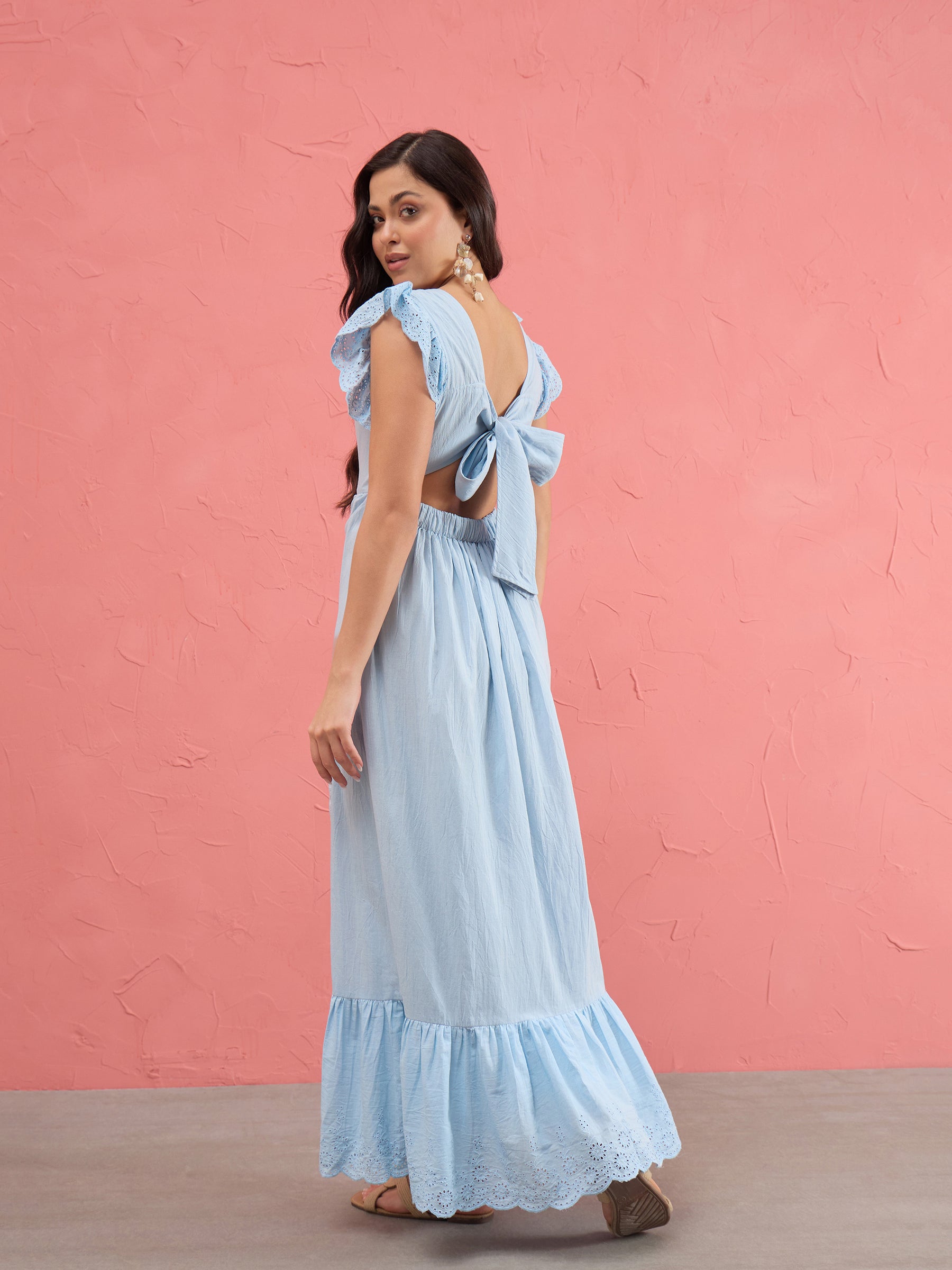 Women Blue Schiffli Square Neck Frill Hem Maxi Dress