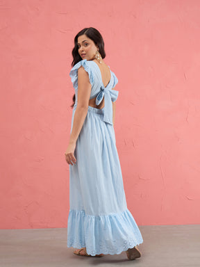 Women Blue Schiffli Square Neck Frill Hem Maxi Dress