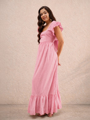 Pink Schiffli Square Neck Frill Hem Maxi Dress-SASSAFRAS
