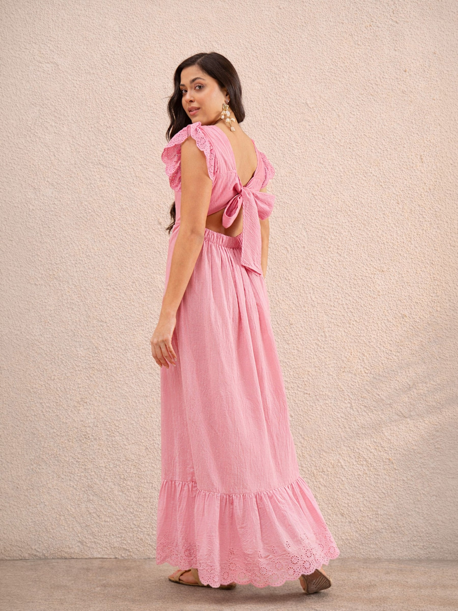 Women Pink Schiffli Square Neck Frill Hem Maxi Dress