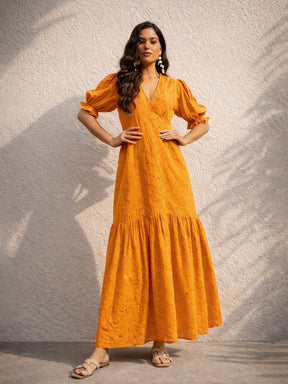 Rust Schiffli V-Neck Puff Sleeves Maxi Dress -SASSAFRAS