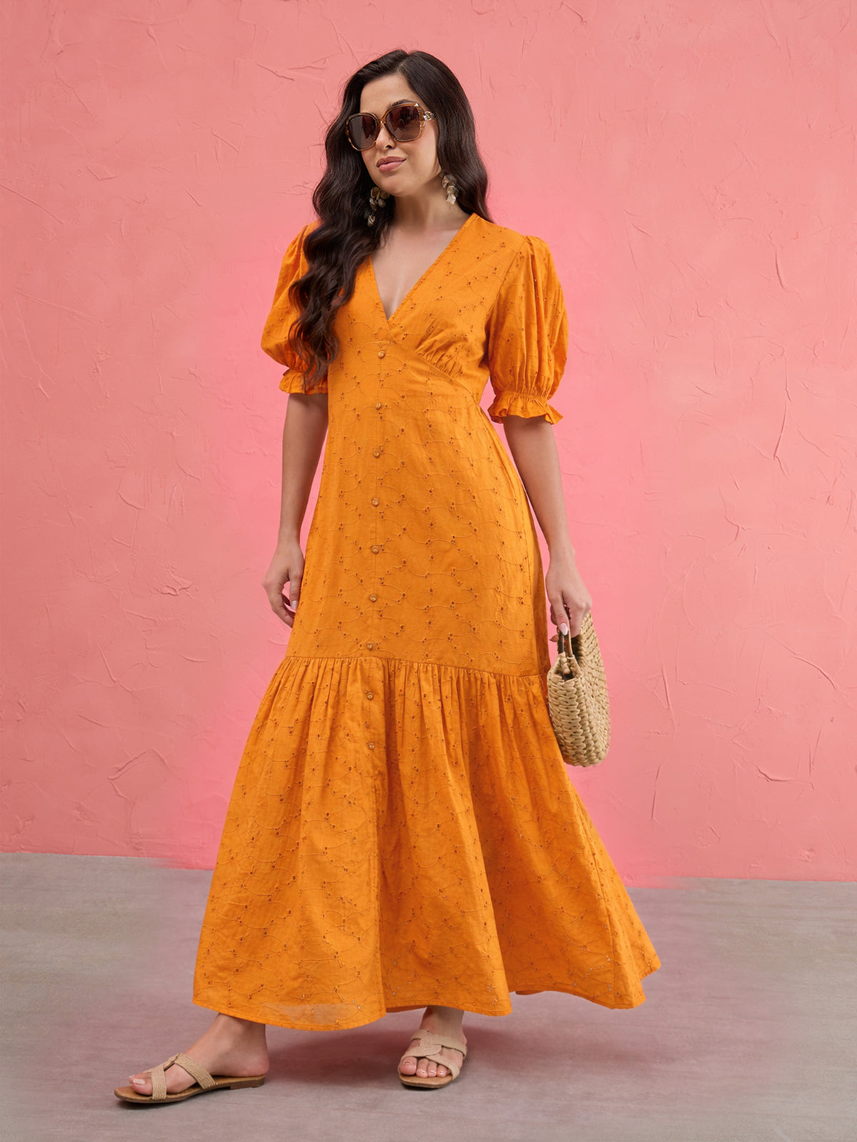 Rust Schiffli V-Neck Puff Sleeves Maxi Dress -SASSAFRAS