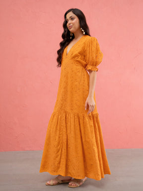 Rust Schiffli V-Neck Puff Sleeves Maxi Dress -SASSAFRAS