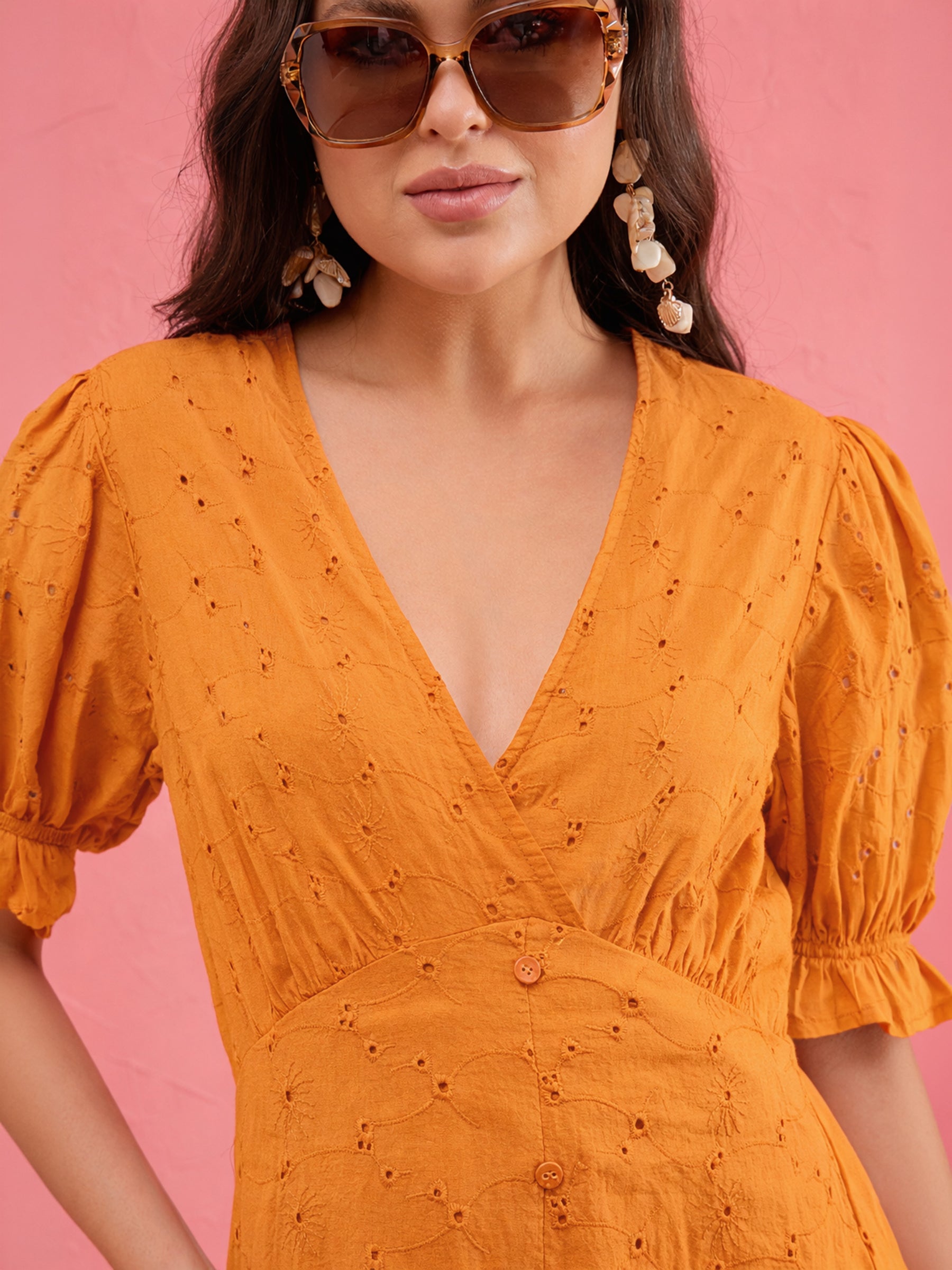 Rust Schiffli V-Neck Puff Sleeves Maxi Dress -SASSAFRAS