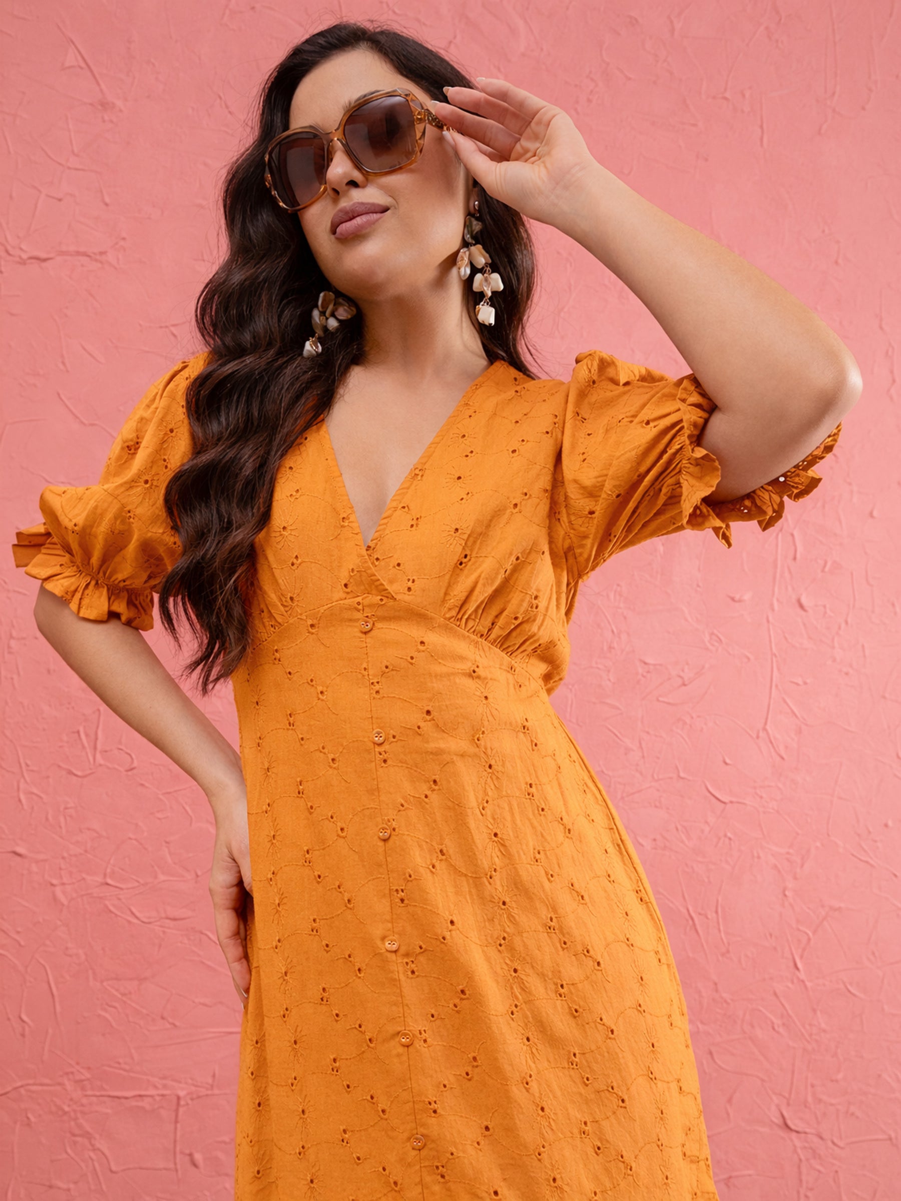 Rust Schiffli V-Neck Puff Sleeves Maxi Dress -SASSAFRAS