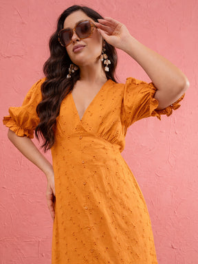 Rust Schiffli V-Neck Puff Sleeves Maxi Dress -SASSAFRAS