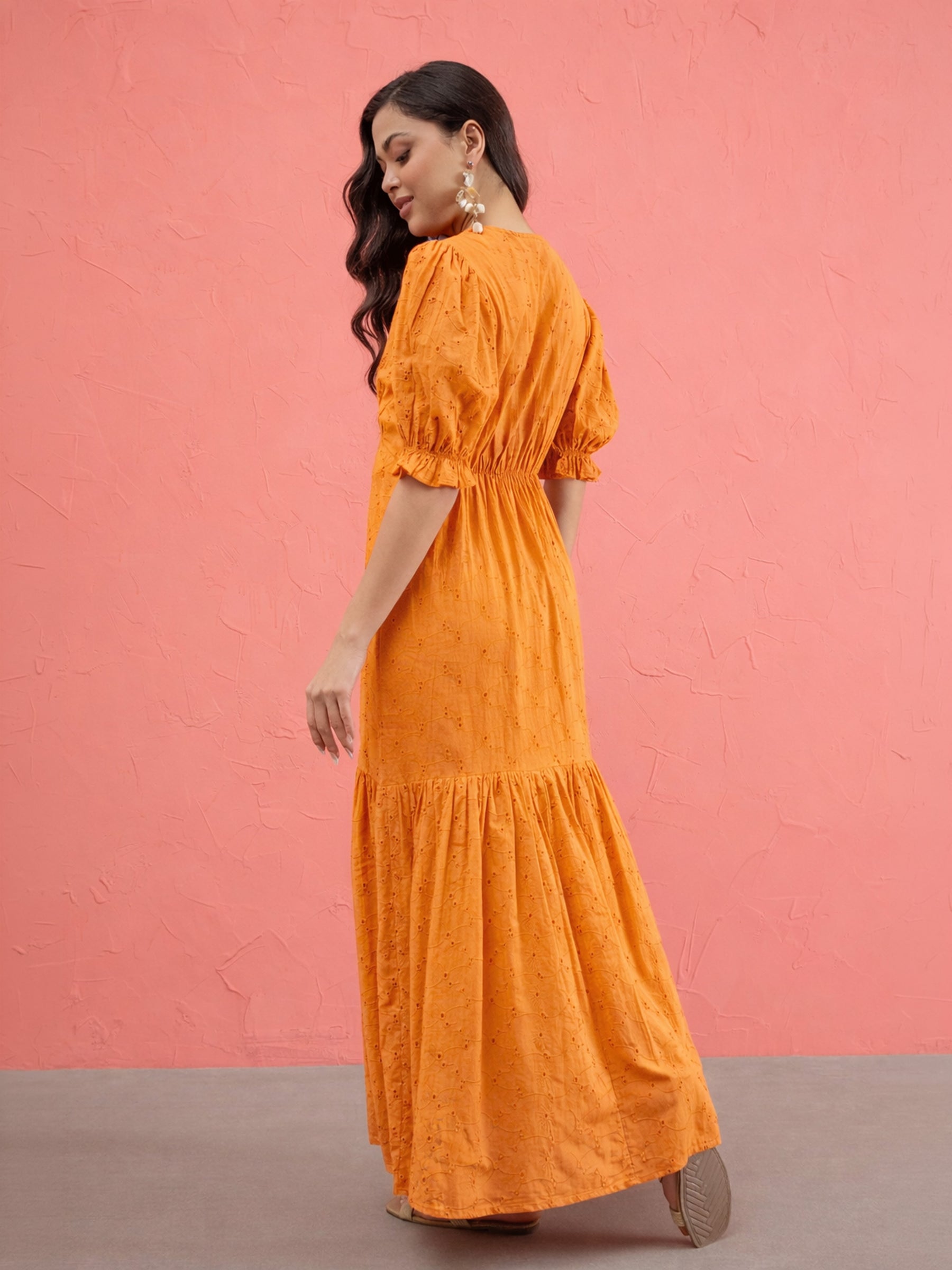 Women Rust Schiffli V-Neck Puff Sleeves Maxi Dress