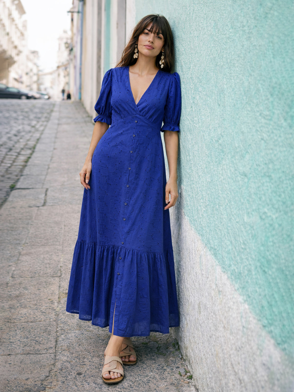 Royal Blue Schiffli V-Neck Puff Sleeves Maxi Dress -SASSAFRAS