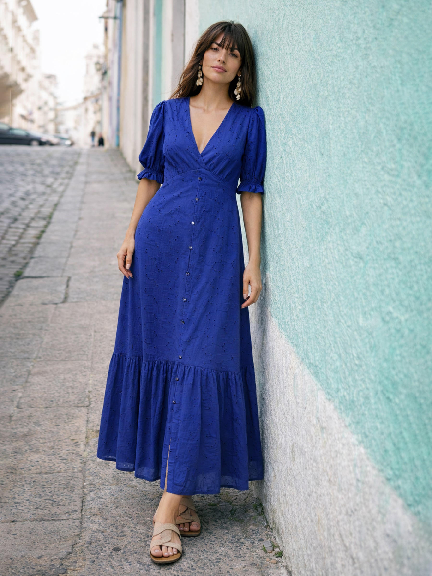 Royal Blue Schiffli V-Neck Puff Sleeves Maxi Dress -SASSAFRAS