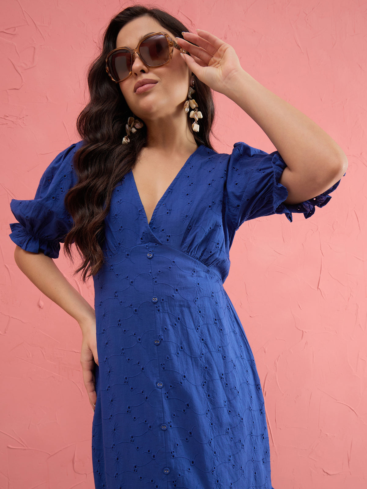 Royal Blue Schiffli V-Neck Puff Sleeves Maxi Dress -SASSAFRAS