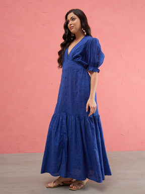 Royal Blue Schiffli V-Neck Puff Sleeves Maxi Dress -SASSAFRAS