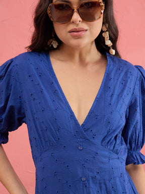 Royal Blue Schiffli V-Neck Puff Sleeves Maxi Dress -SASSAFRAS