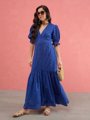 Royal Blue Schiffli V-Neck Puff Sleeves Maxi Dress -SASSAFRAS