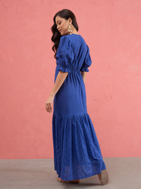Women Royal Blue Schiffli V-Neck Puff Sleeves Maxi Dress