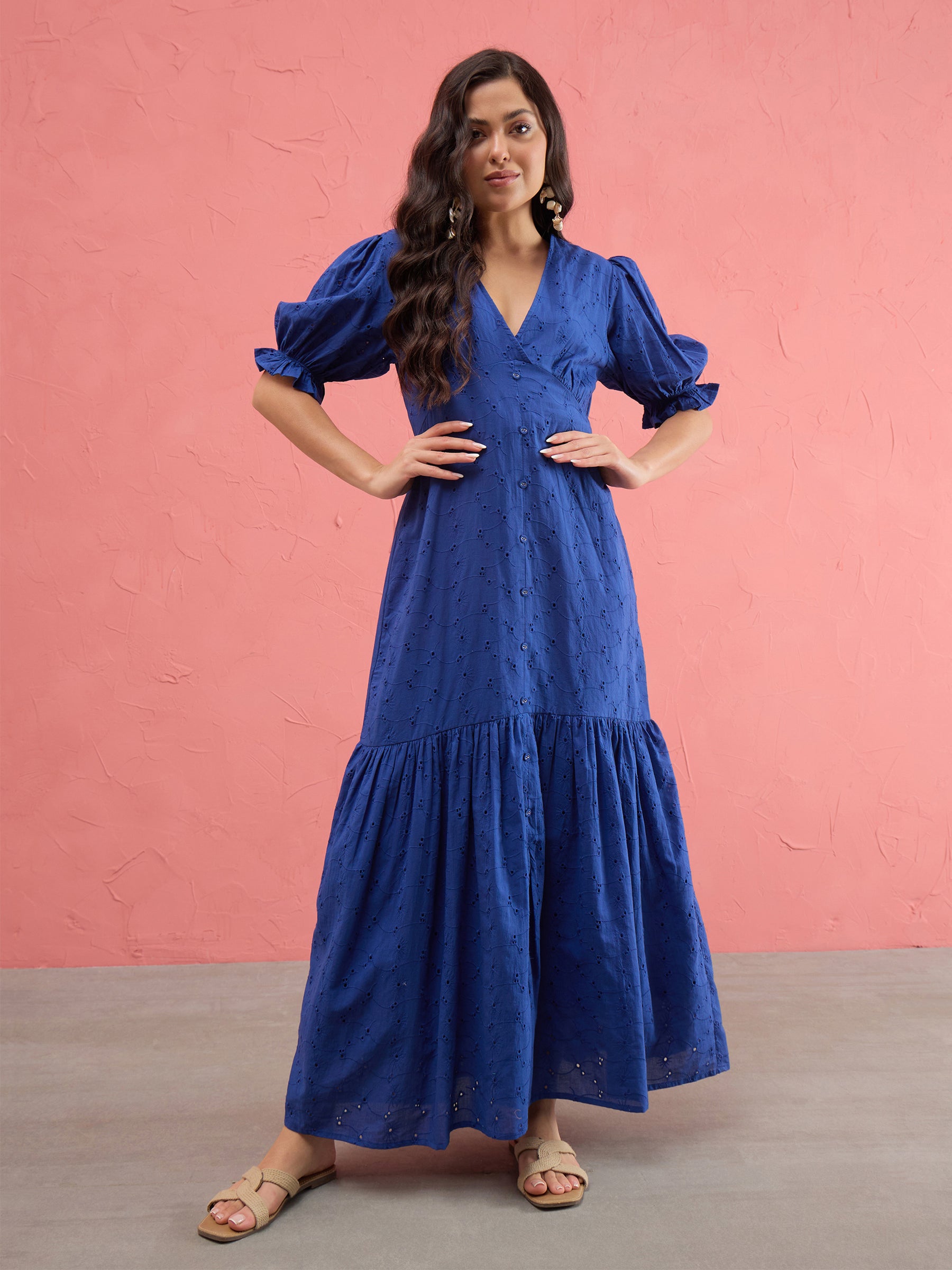 Women Royal Blue Schiffli V-Neck Puff Sleeves Maxi Dress