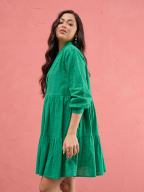 Green Schiffli Short Mandarin Collar Dress-SASSAFRAS