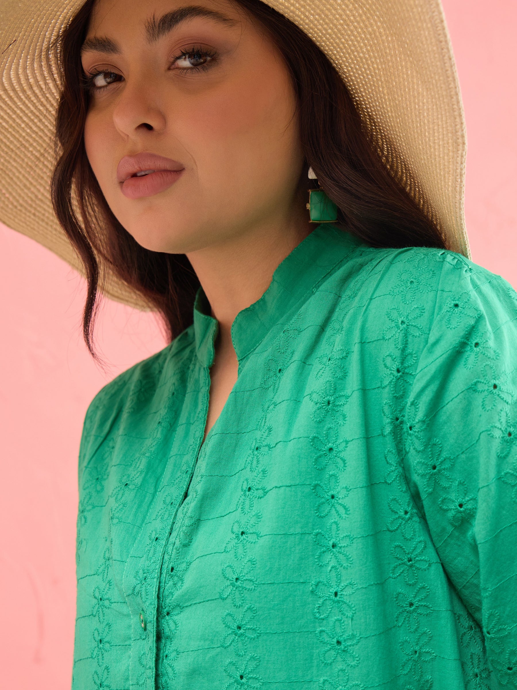 Buy Women Green Schiffli Short Mandarin Collar Dress Online at Best Price
