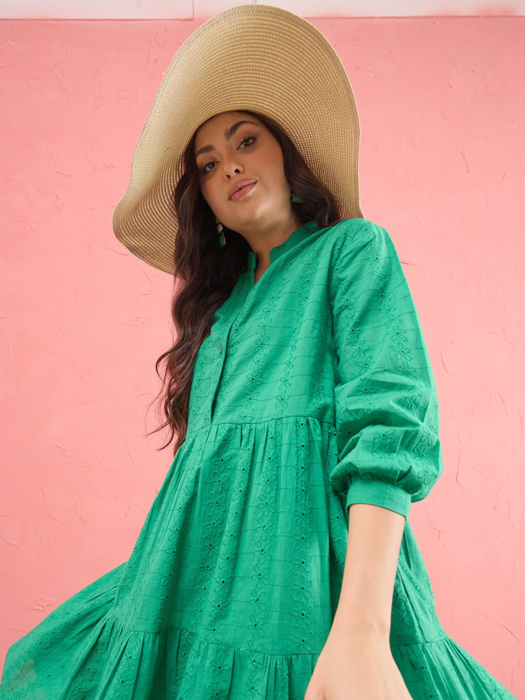 Women Green Schiffli Short Mandarin Collar Dress