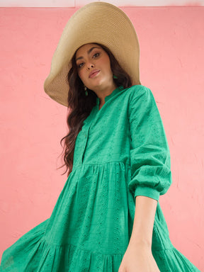 Women Green Schiffli Short Mandarin Collar Dress