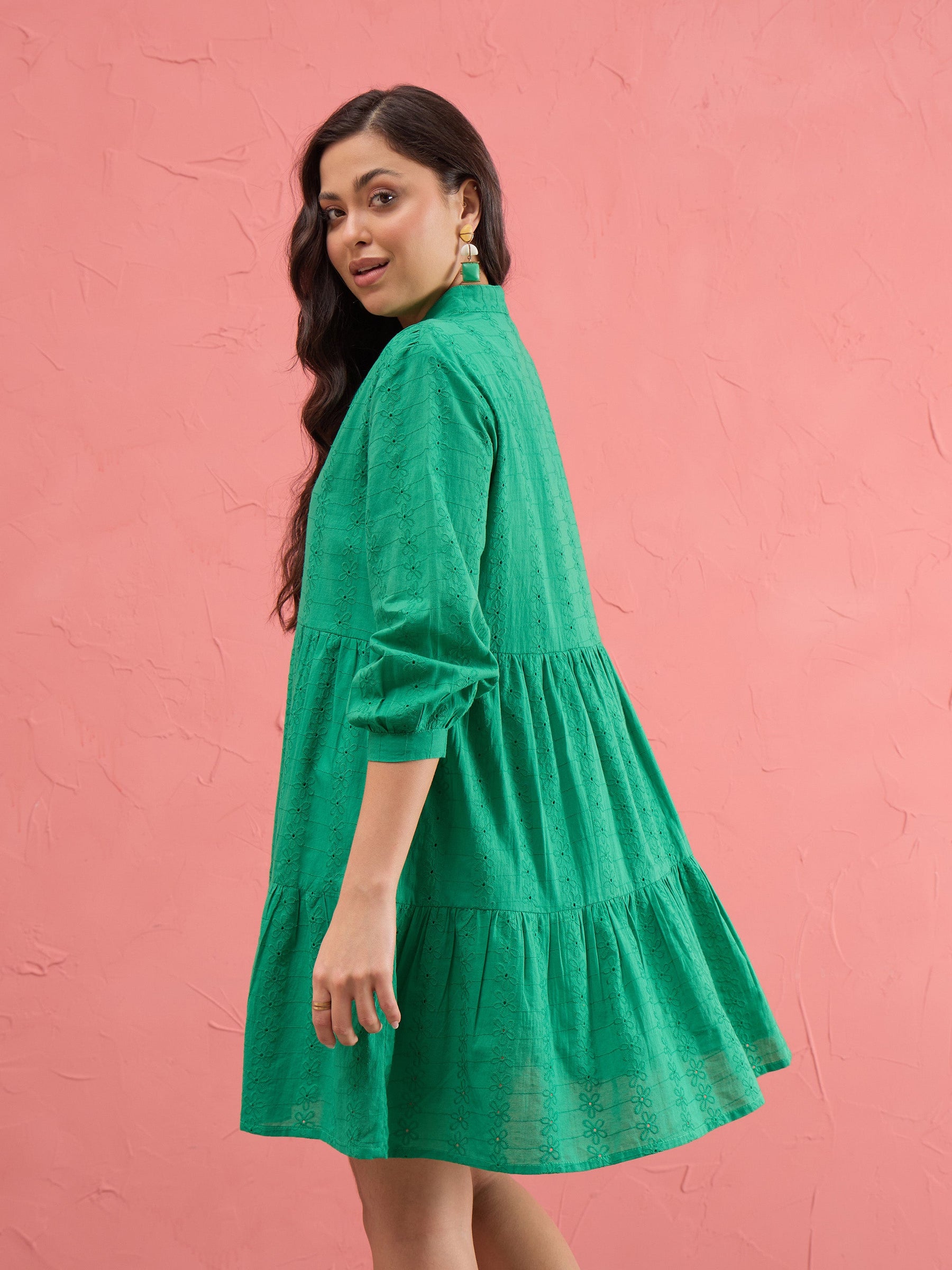 Women Green Schiffli Short Mandarin Collar Dress