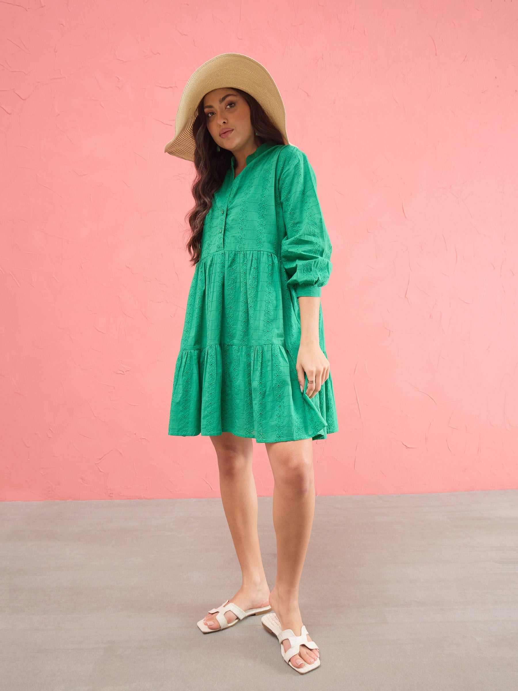 Women Green Schiffli Short Mandarin Collar Dress
