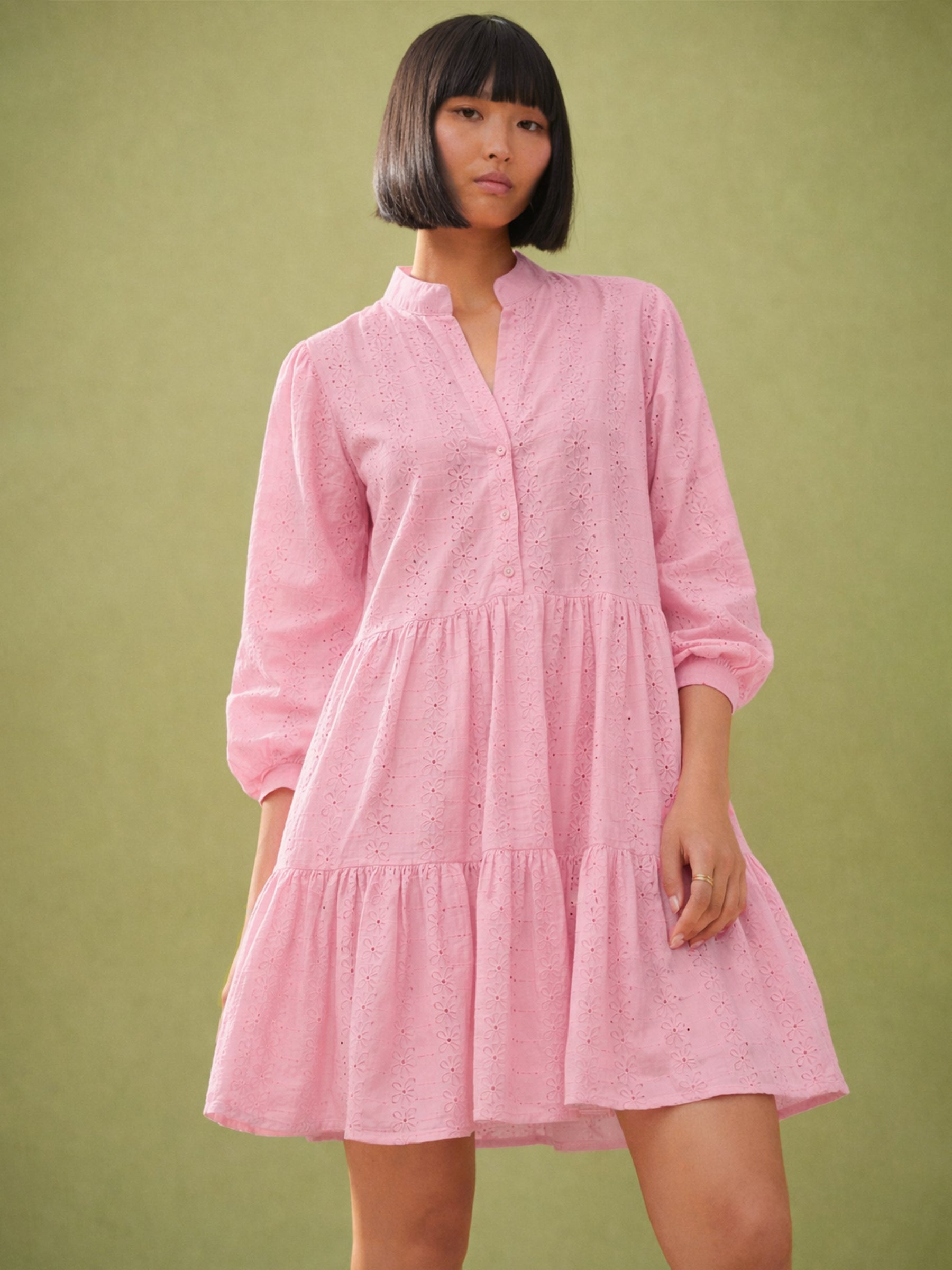 Pink Schiffli Short Mandarin Collar Dress-SASSAFRAS