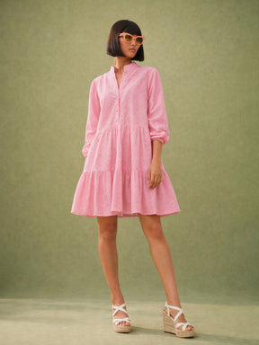 Pink Schiffli Short Mandarin Collar Dress-SASSAFRAS