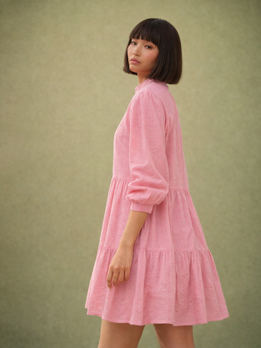 Pink Schiffli Short Mandarin Collar Dress-SASSAFRAS