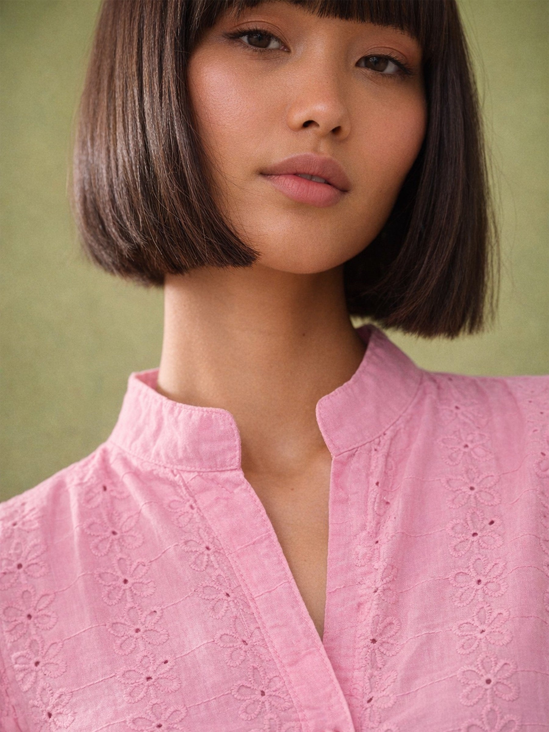 Pink Schiffli Short Mandarin Collar Dress-SASSAFRAS