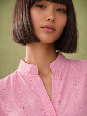 Pink Schiffli Short Mandarin Collar Dress-SASSAFRAS