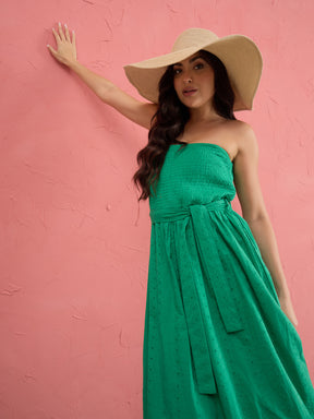 Green Schiffli Smocking Detail Midi Dress-SASSAFRAS