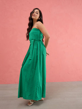 Green Schiffli Smocking Detail Midi Dress-SASSAFRAS