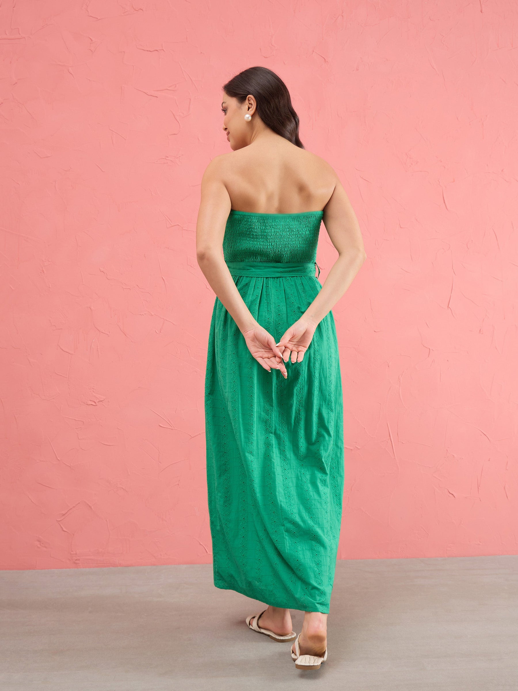 Women Green Schiffli Smocking Detail Midi Dress