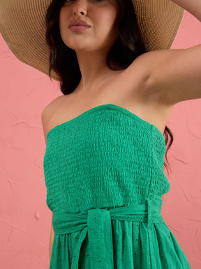 Women Green Schiffli Smocking Detail Midi Dress
