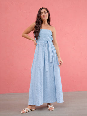 Blue Schiffli Smocking Detail Midi Dress-SASSAFRAS