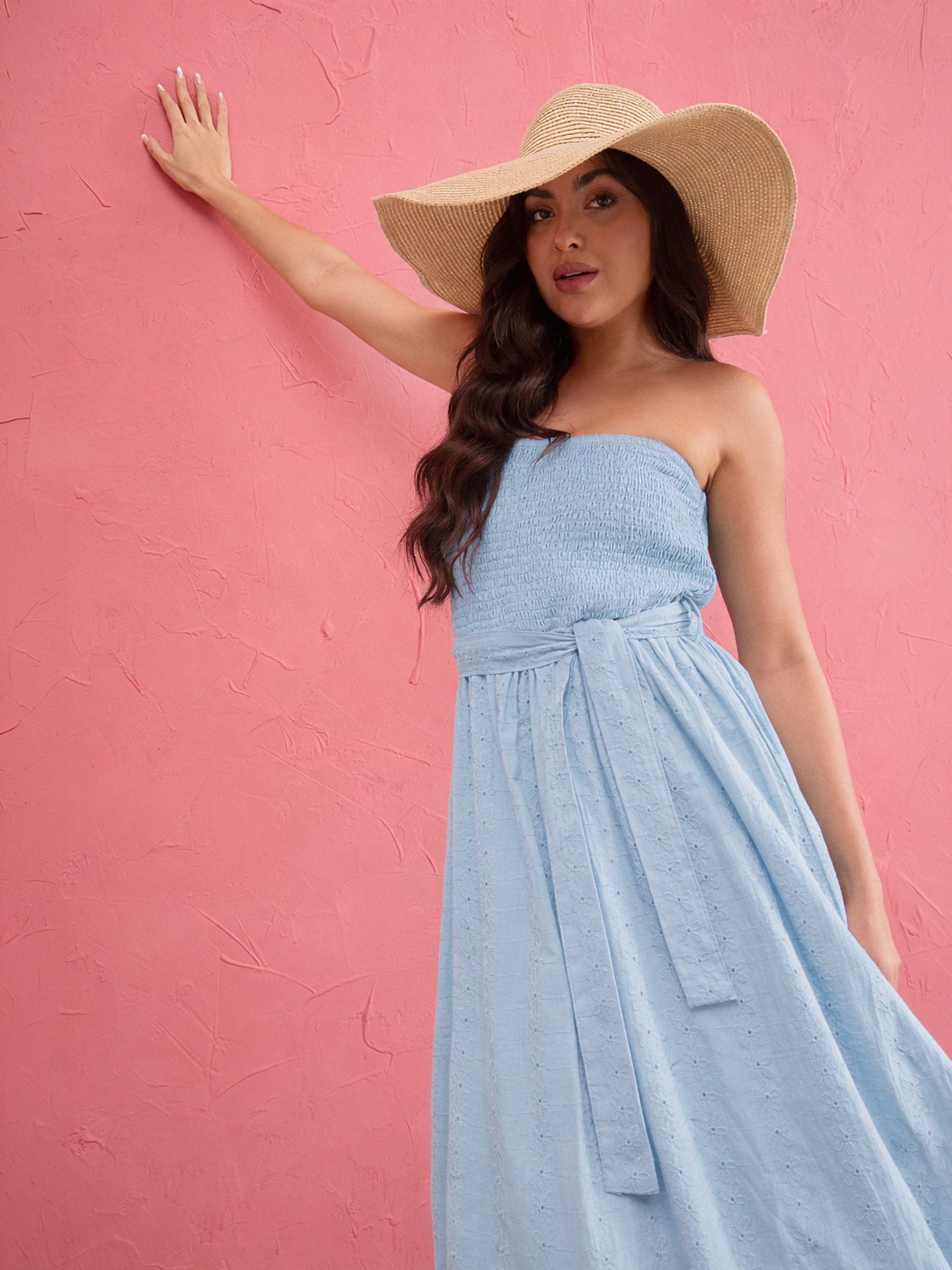 Blue Schiffli Smocking Detail Midi Dress-SASSAFRAS