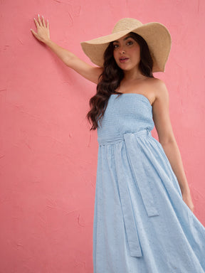 Blue Schiffli Smocking Detail Midi Dress-SASSAFRAS