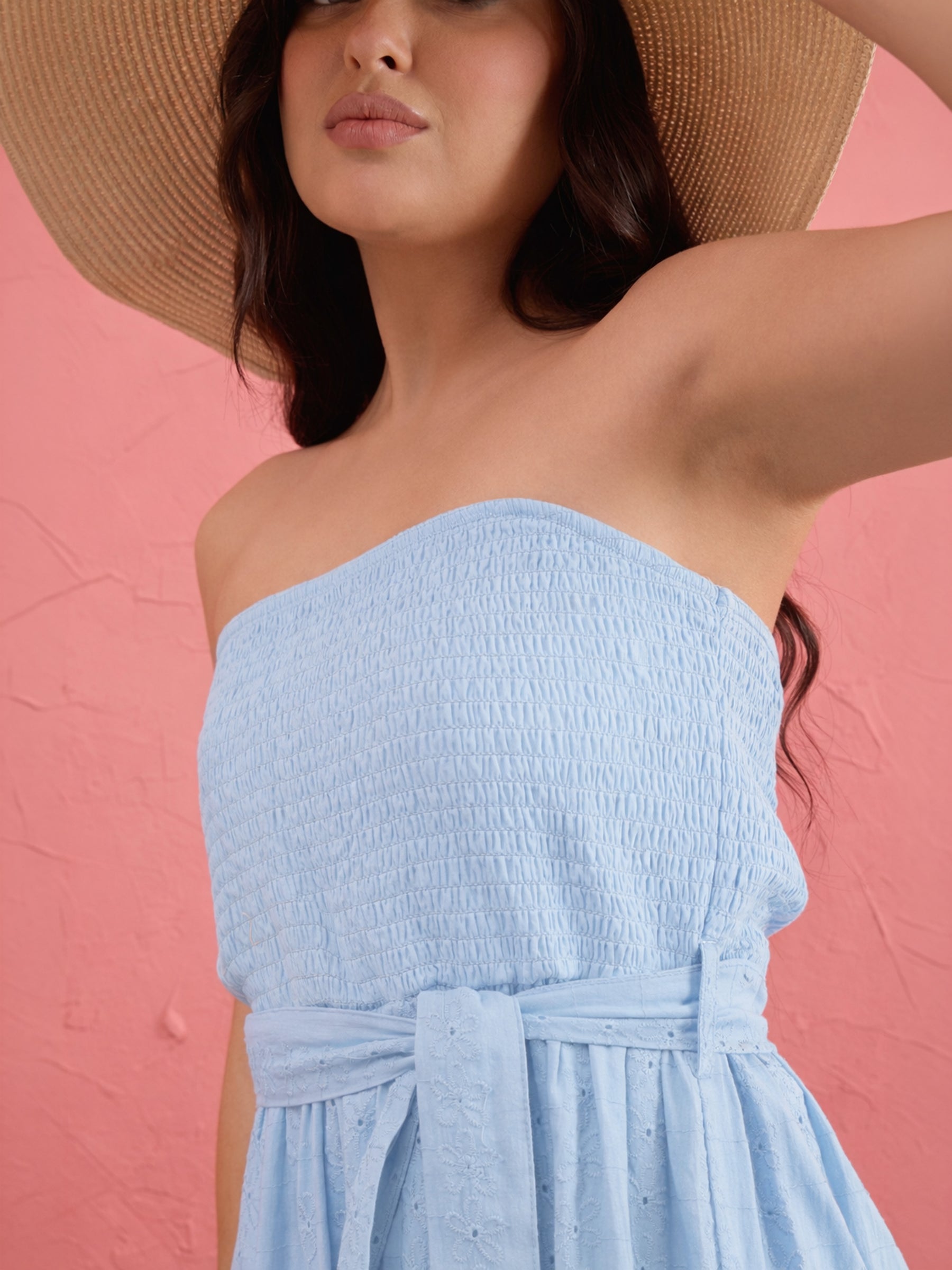 Blue Schiffli Smocking Detail Midi Dress-SASSAFRAS