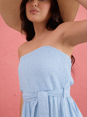 Blue Schiffli Smocking Detail Midi Dress-SASSAFRAS