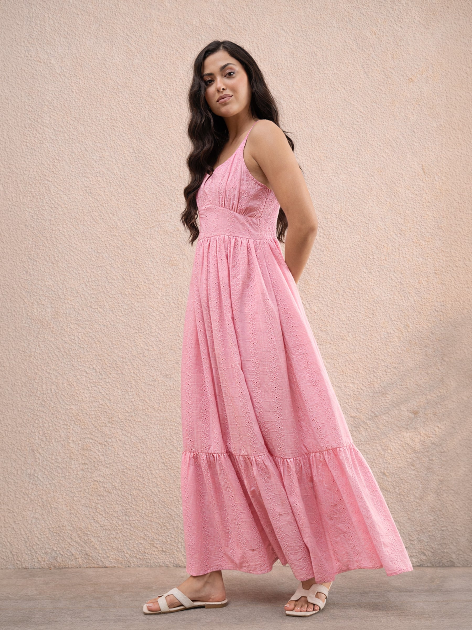 Pink Sweetheart Neck Strappy Maxi Dress-SASSAFRAS