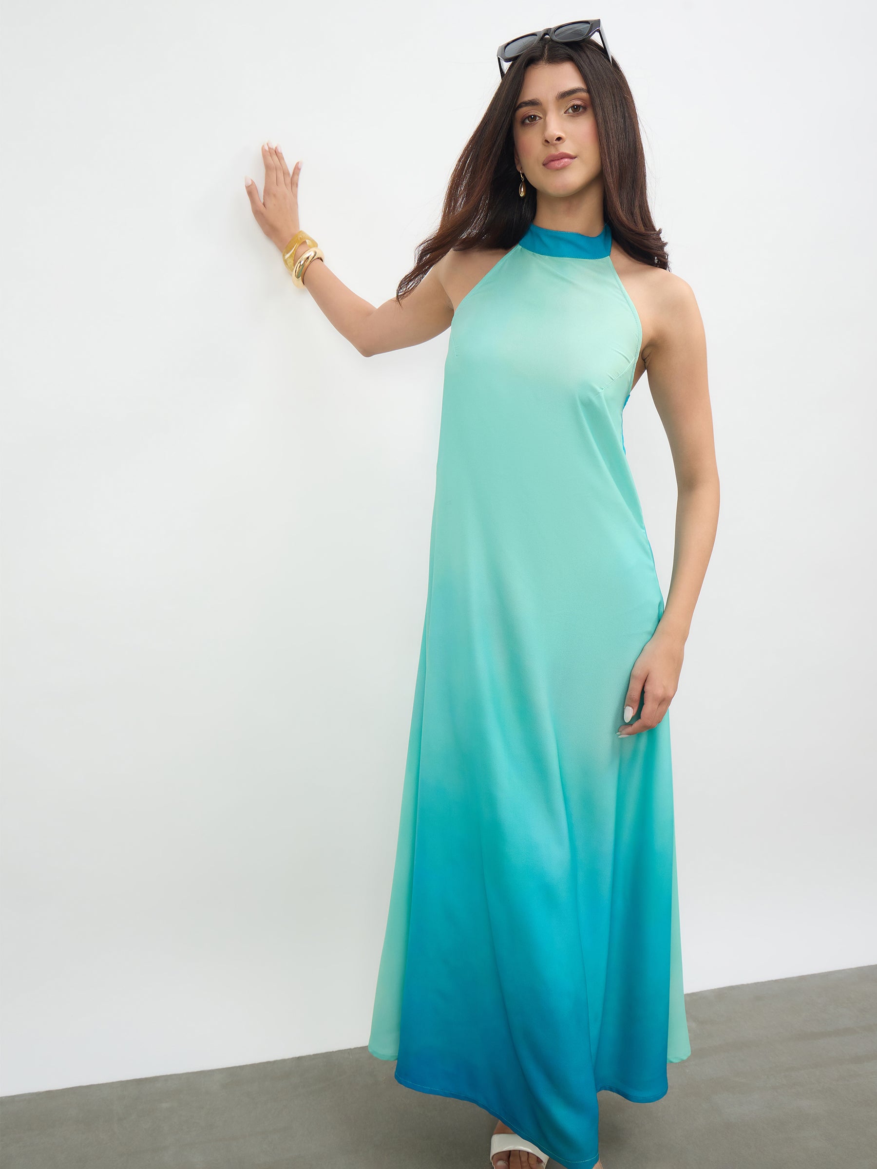 Sea Green Ombree Halter Neck Maxi Dress -SASSAFRAS