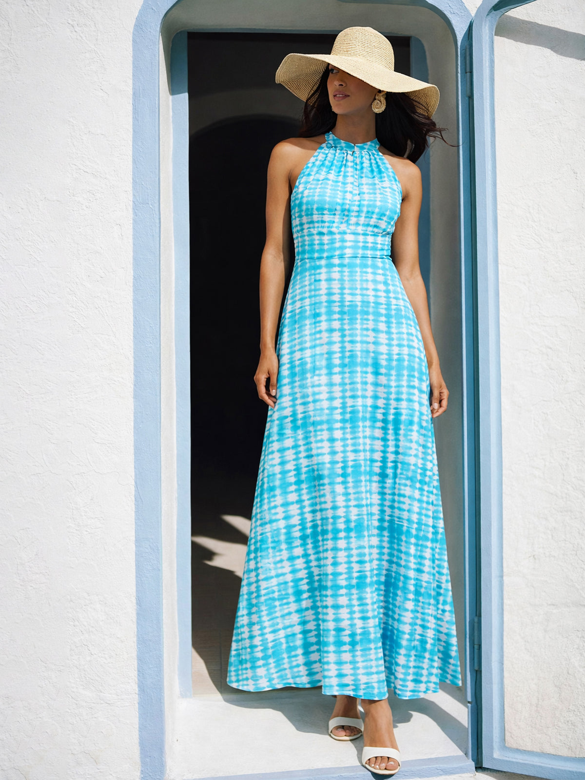 Blue Tie & Dye Halter Neck Maxi Dress-SASSAFRAS